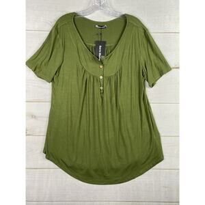 Sarin Mathews Top Womens XL Green Short Sleeve Pleated 1/4 Button V Neck Stretch
